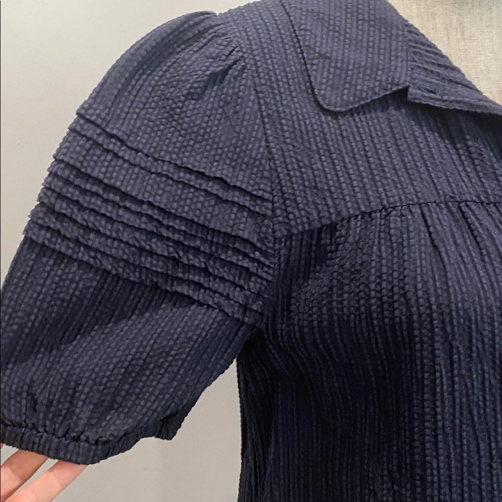 Hudson North Linen Puff Sleeve Blouse Navy Blue Textured Top Size Medium - Picture 3 of 16